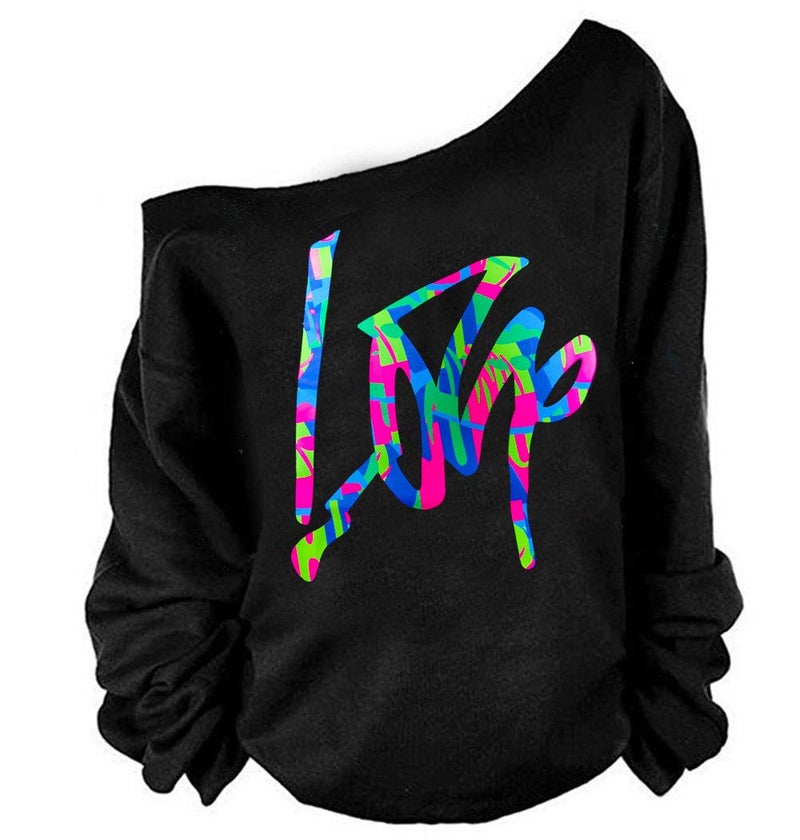 MAGICMK Women's Off Shoulder Long Sleeve,80s Outfit Sweatshirt Slouchy Printed Neon Long Tunics Top for Party-BLACK+MCLOVE,5XL - Image 1