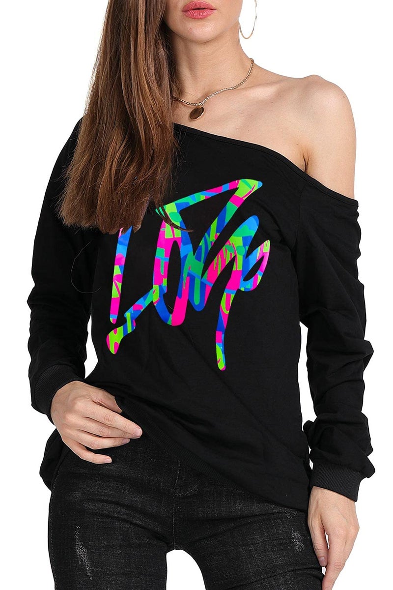 MAGICMK Women's Off Shoulder Long Sleeve,80s Outfit Sweatshirt Slouchy Printed Neon Long Tunics Top for Party-BLACK+MCLOVE,5XL - Image 3