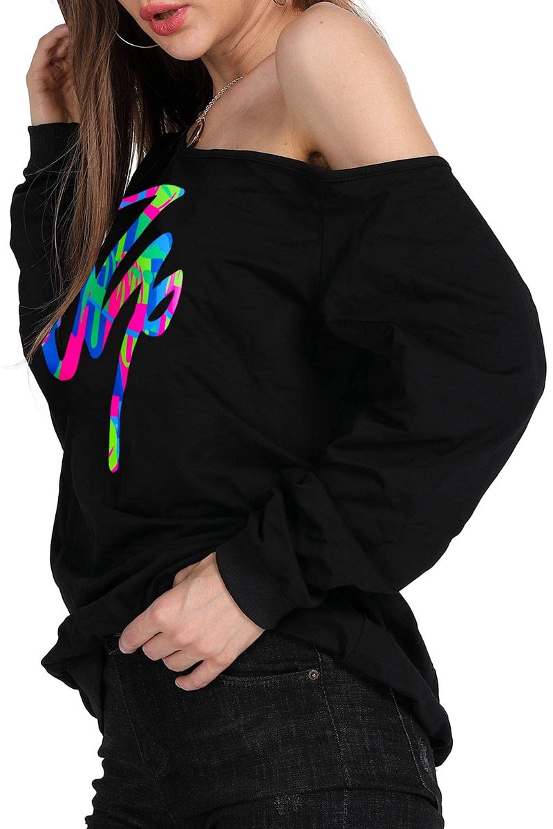 MAGICMK Women's Off Shoulder Long Sleeve,80s Outfit Sweatshirt Slouchy Printed Neon Long Tunics Top for Party-BLACK+MCLOVE,5XL - Image 4