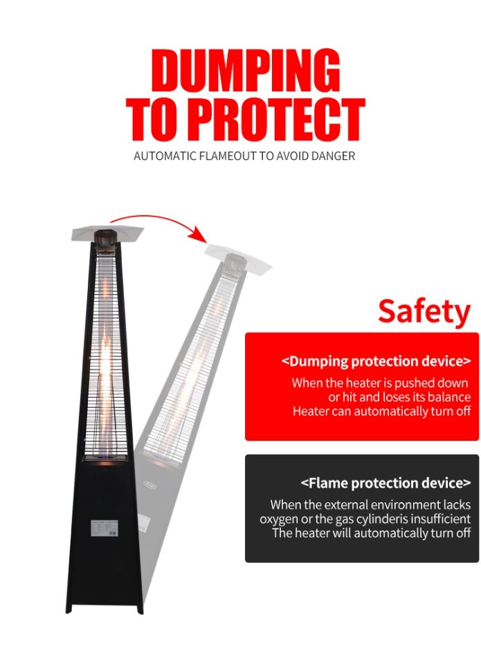 UNIQUE HUB مدفأة فناء خارجية تعمل بالغاز البروبان بقوة 13 كيلوواط، على شكل هرم رباعي، مزودة باللهب، مع عجلات، إشعال سريع بالنبض، وإيقاف تلقائي، اللون أسود - Image 5