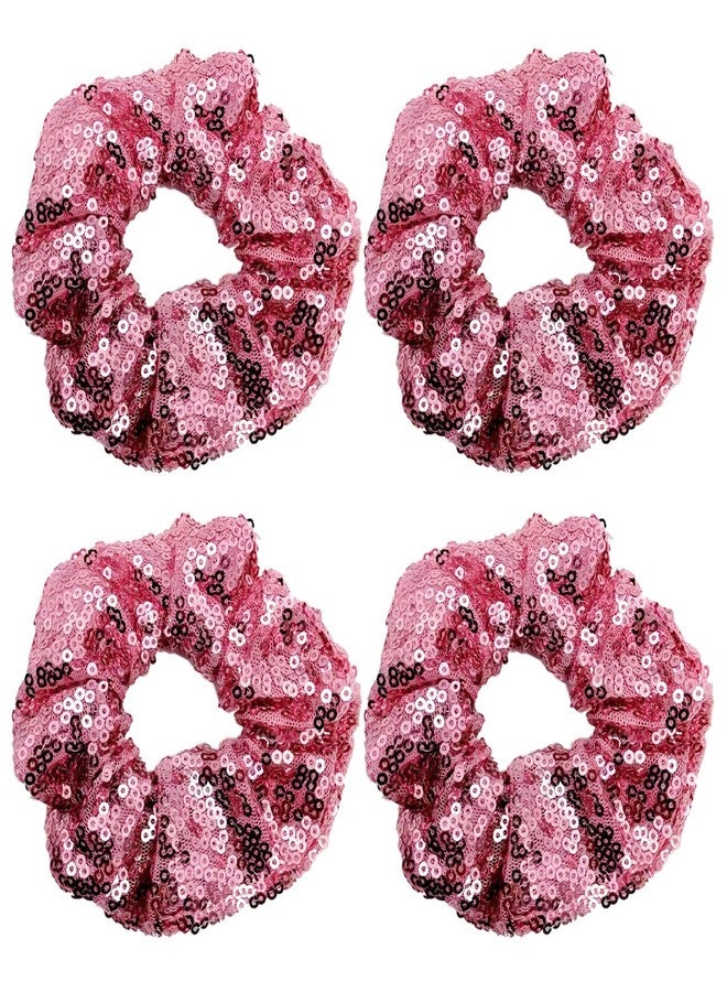KINFENE 4 Pcs Sparkle Sequin Hair Scrunchie Hair Bobbles Metallic Elastics Ponytail Holders Hair Wrist Ties Bands Cloth Scrunchies for Show Gym Dance Party Club Girl Women (Pink) - Image 1