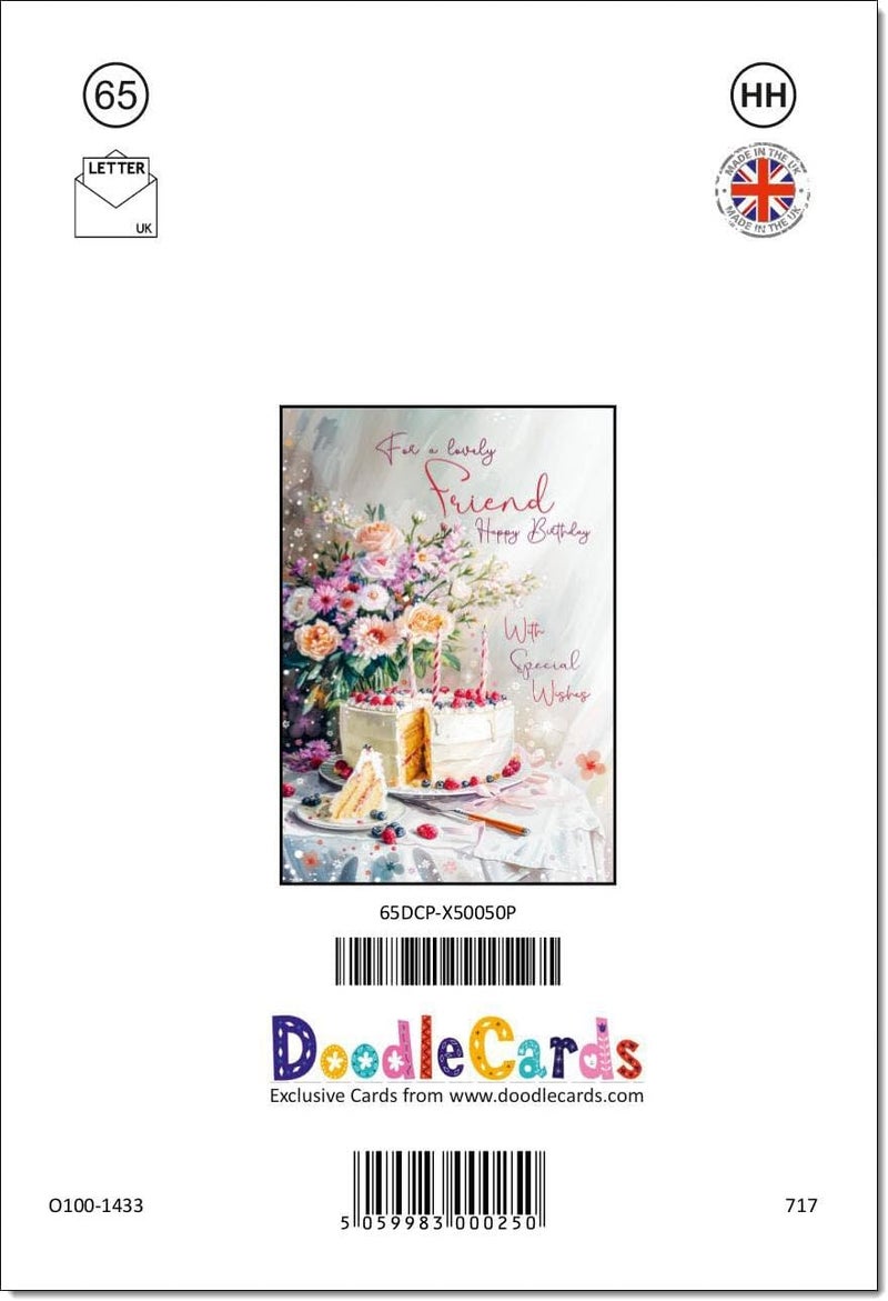 doodlecards بطاقات صديقة أنثى بطاقة عيد ميلاد كعكة عيد ميلاد وزهور بحجم A5 مع ظرف - Image 3