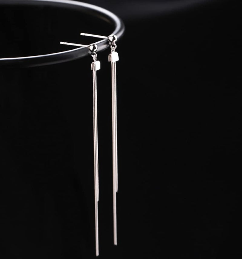 Reffeer Solid 925 Sterling Silver Tassel Chain Dangle Earrings for Women Teen Girls Long Dangle Drop Earrings Minimalist (A-Silver) - Image 5