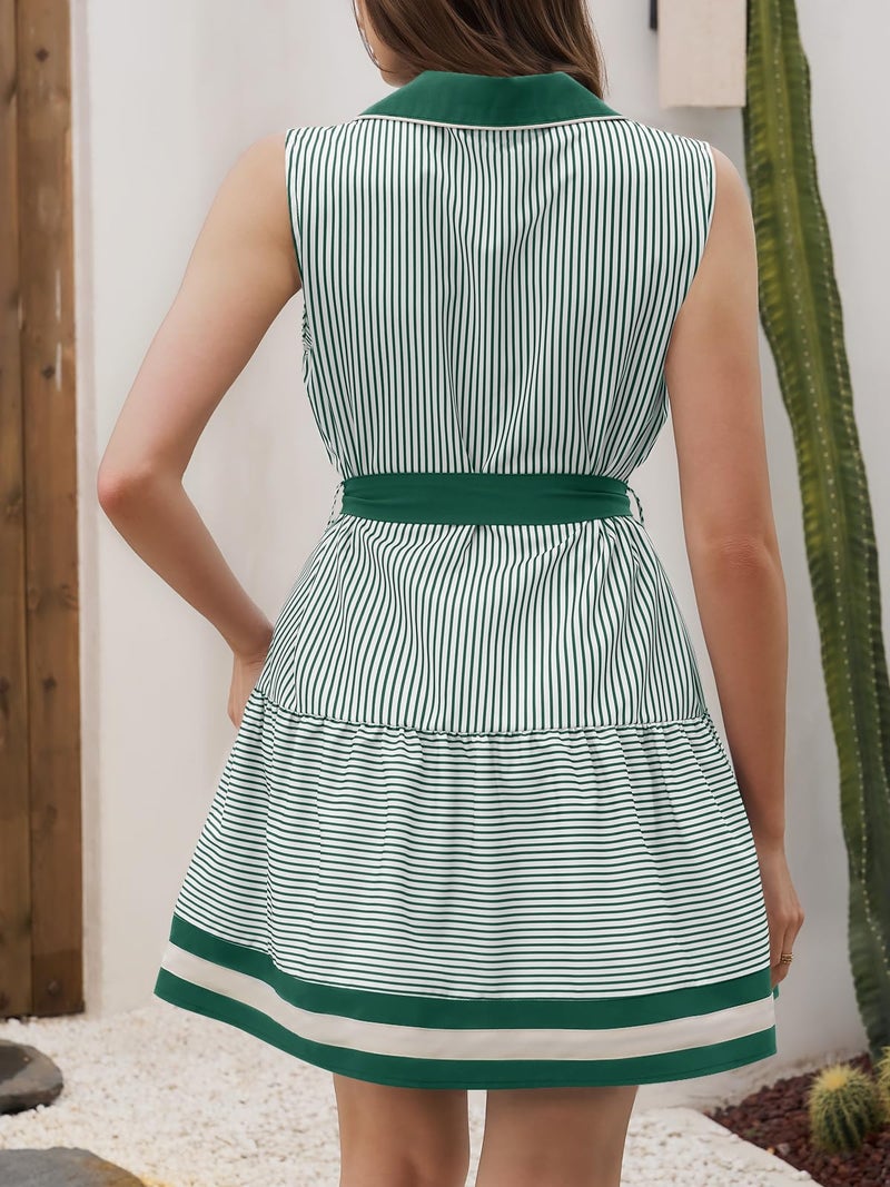Wenrine Womens Summer Button Down Shirt Dresses Sleeveless Collared V Neck Striped Tie Waist Mini Dress with Pockets Green - Image 5