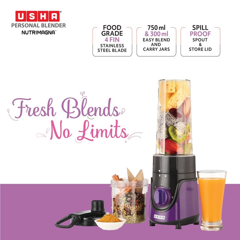 Usha خلاط نوتريماجنا | 350 واط | خلاط محمول | شفرات من الفولاذ المقاوم للصدأ | فوهة مقاومة للتسرب وغطاء للتخزين | عمليتين سرعة ونبض | لافندر - Image 2