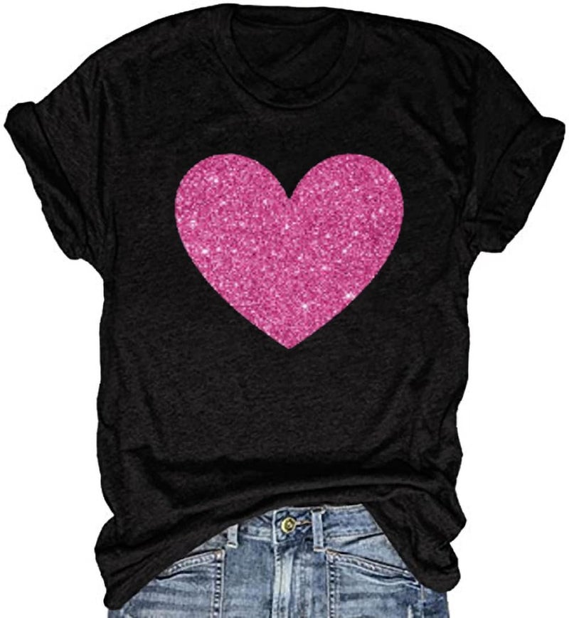 Short Sleeve Glitter Heart Shirt for Women Casual Valentine's Day Graphic Tees Tops(2024-HS-A,XL)