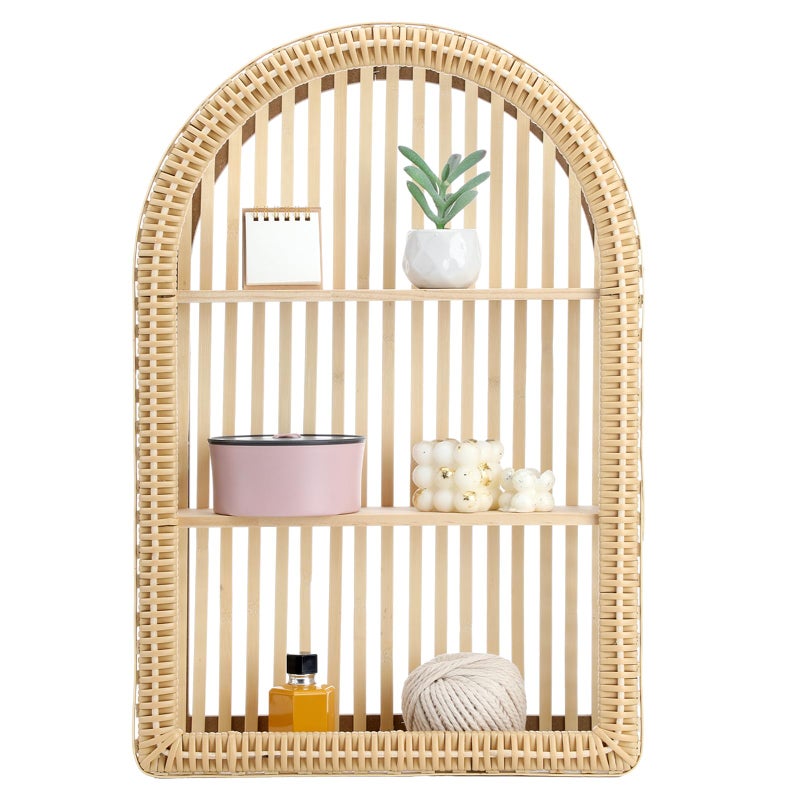 Vercraft Rattan Wall Shelf 3 Tier Boho Wall Mounted Shelf 15.75" x 23.62" Farmhouse Handcraft Bamboo Arched Floating Shelves for Living Room Home Bedroom Storage Decor - Image 1