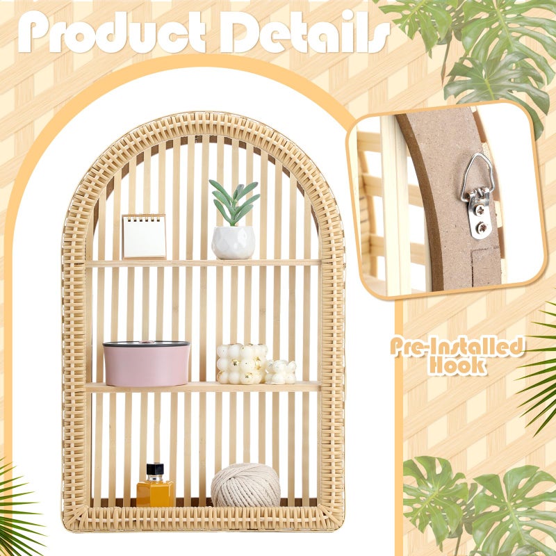 Vercraft Rattan Wall Shelf 3 Tier Boho Wall Mounted Shelf 15.75" x 23.62" Farmhouse Handcraft Bamboo Arched Floating Shelves for Living Room Home Bedroom Storage Decor - Image 4