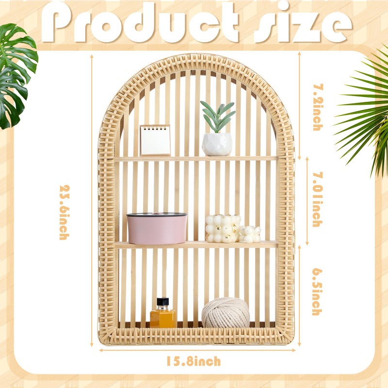 Vercraft Rattan Wall Shelf 3 Tier Boho Wall Mounted Shelf 15.75" x 23.62" Farmhouse Handcraft Bamboo Arched Floating Shelves for Living Room Home Bedroom Storage Decor - Image 3