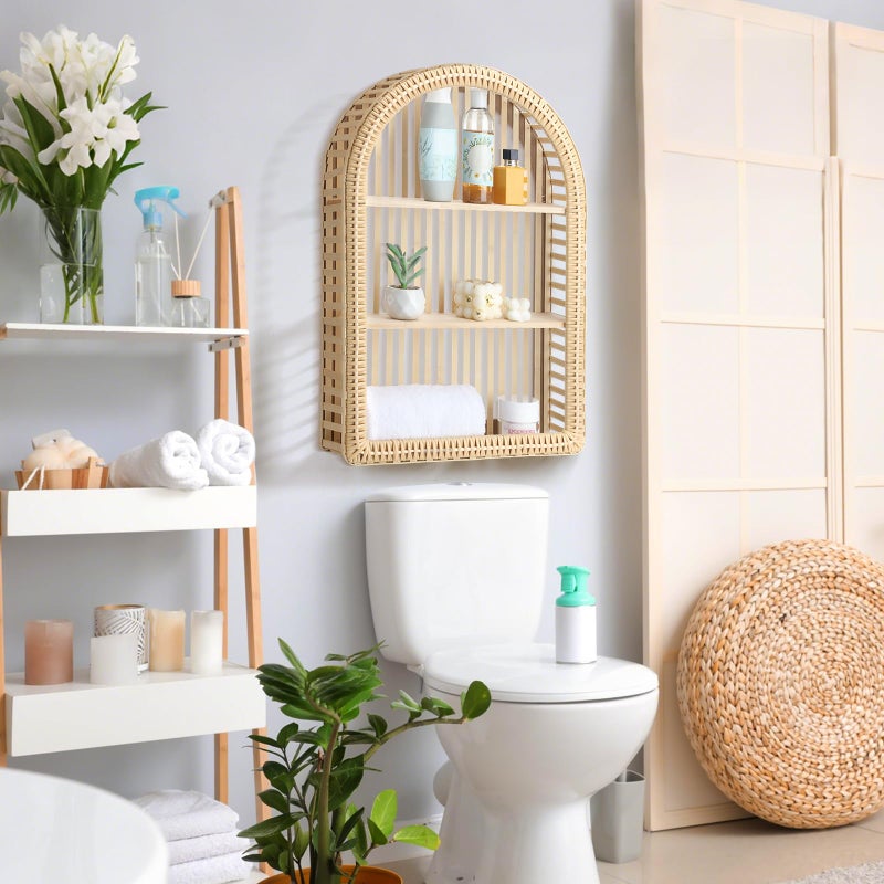 Vercraft Rattan Wall Shelf 3 Tier Boho Wall Mounted Shelf 15.75" x 23.62" Farmhouse Handcraft Bamboo Arched Floating Shelves for Living Room Home Bedroom Storage Decor - Image 5
