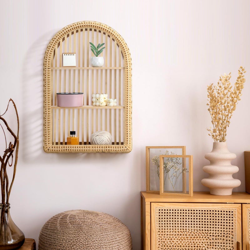 Vercraft Rattan Wall Shelf 3 Tier Boho Wall Mounted Shelf 15.75" x 23.62" Farmhouse Handcraft Bamboo Arched Floating Shelves for Living Room Home Bedroom Storage Decor - Image 2