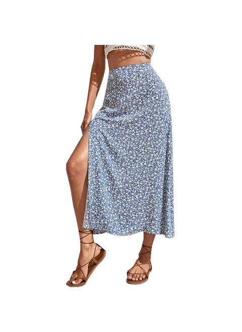 2024 Summer Floral A-Line Split Midi Skirt Dark Blue