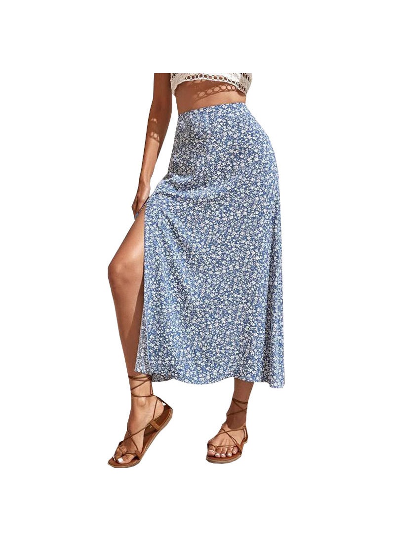 2024 Summer Floral A-Line Split Midi Skirt Dark Blue