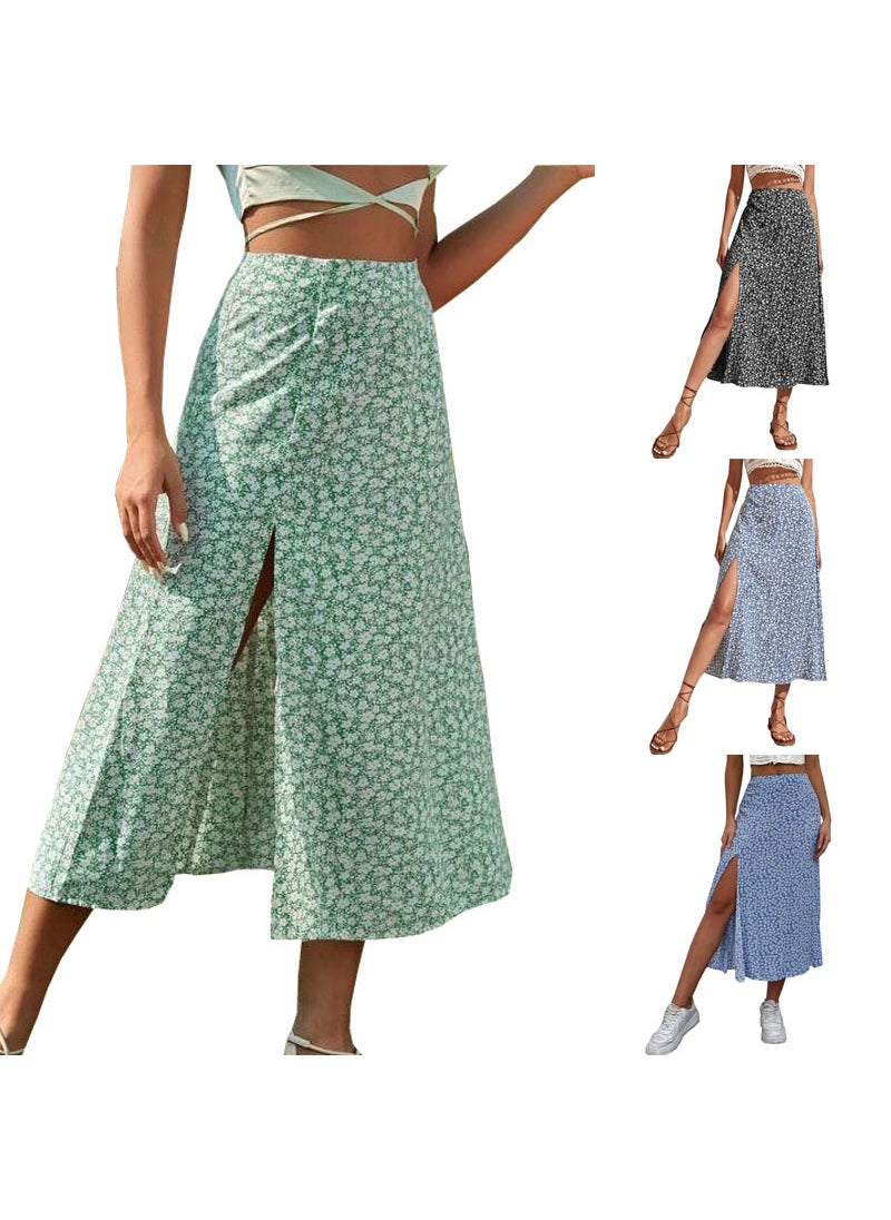 2024 Summer Floral A-Line Split Midi Skirt Dark Blue