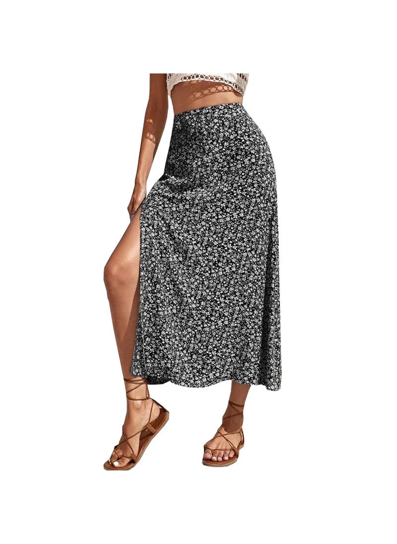 2024 Summer Floral A-Line Split Midi Skirt Dark Blue