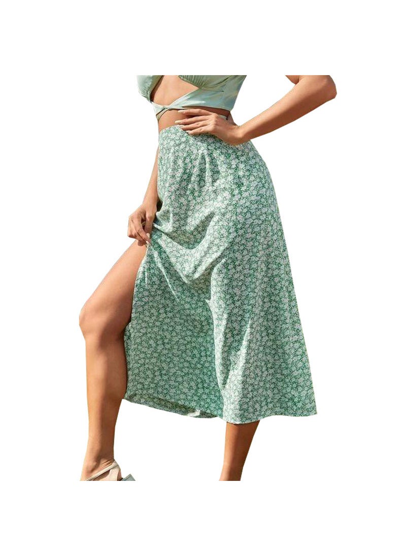 2024 Summer Floral A-Line Split Midi Skirt Dark Blue