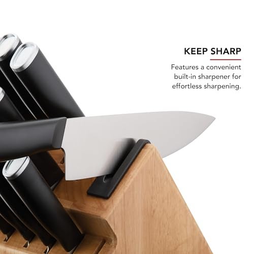 KitchenAid طقم سكاكين كيتشن إيد الكلاسيكي مع حامل سكاكين مدمج، سكاكين مطبخ من الفولاذ المقاوم للصدأ عالي الكربون، طقم سكاكين حادة مع حامل، 14 قطعة، طبيعي - Image 3