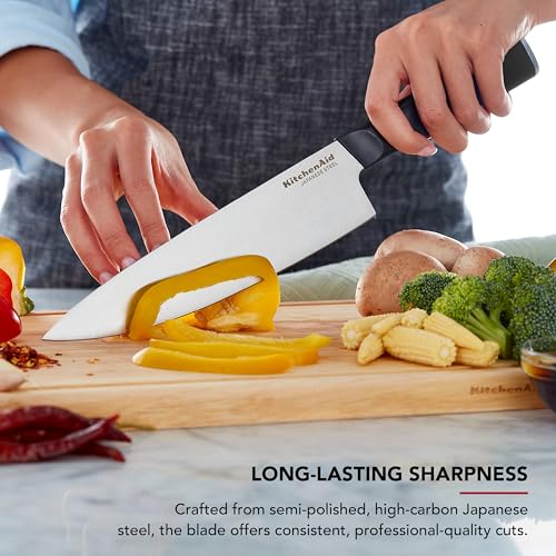 KitchenAid طقم سكاكين كيتشن إيد الكلاسيكي مع حامل سكاكين مدمج، سكاكين مطبخ من الفولاذ المقاوم للصدأ عالي الكربون، طقم سكاكين حادة مع حامل، 14 قطعة، طبيعي - Image 4