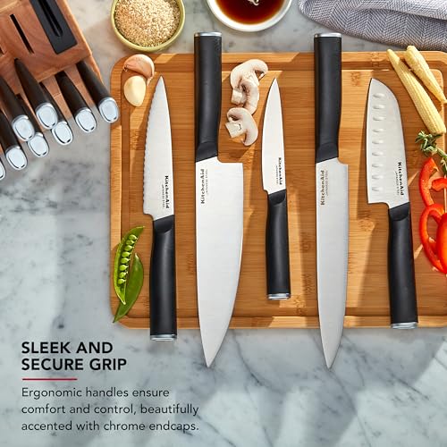 KitchenAid طقم سكاكين كيتشن إيد الكلاسيكي مع حامل سكاكين مدمج، سكاكين مطبخ من الفولاذ المقاوم للصدأ عالي الكربون، طقم سكاكين حادة مع حامل، 14 قطعة، طبيعي - Image 5
