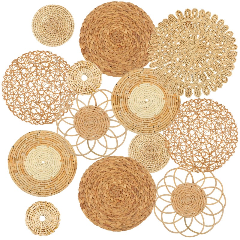 Glenmal مجموعة جلنمال من 13 سلة حائط بوهيمية مزخرفة مصنوعة من الروطان سلال مسطحة مصنوعة يدويًا من الخيزران وعشب البحر للتعليق على الحائط لغرفة النوم وغرفة المعيشة وغرفة الطعام والمكتب جاهزة للتعليق كلاسيكية