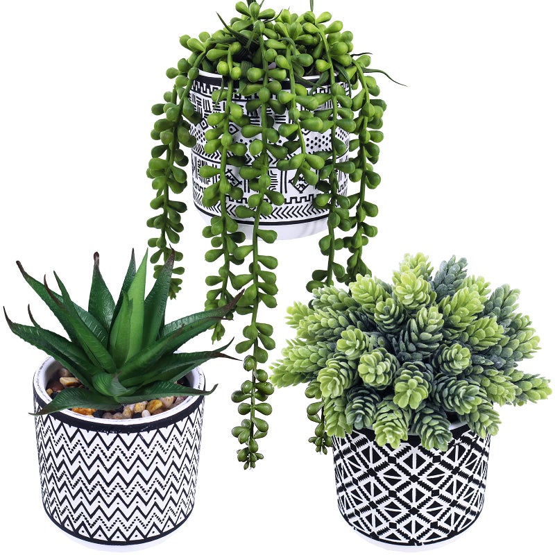 Winlyn Winlyn 3 Pcs Small Potted Succulents Plants Artificial String of Pearls Aloe Hops Succulents in Black Geometric Concrete Pots for Gifts Modern Home Bathroom Window Table Indoor Outdoor Greenery D?cor  - Image 1
