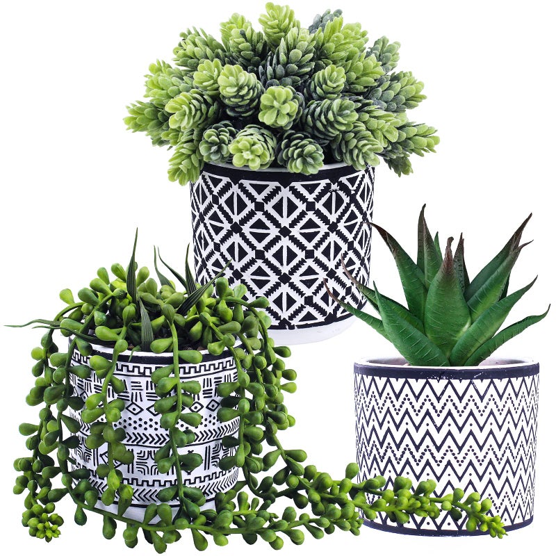 Winlyn Winlyn 3 Pcs Small Potted Succulents Plants Artificial String of Pearls Aloe Hops Succulents in Black Geometric Concrete Pots for Gifts Modern Home Bathroom Window Table Indoor Outdoor Greenery D?cor  - Image 2