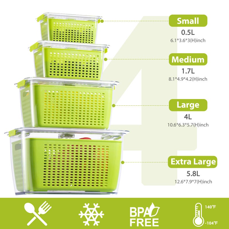 LUXEAR Fruit Vegetable Storage Container  4 Pack Fresh Containers for Fridge with Lids BPA-Free Produce Refrigerator Organizer for Fruit  Veggie  Berry  Meat Storage Keep Fresh Longer-Green - Image 2