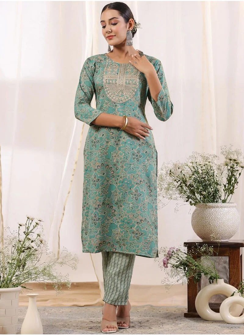 ISHIN Women's Sea Blue 100% Cotton Printed Tunic Full Length Palazzo Regular Fit Kurta Set