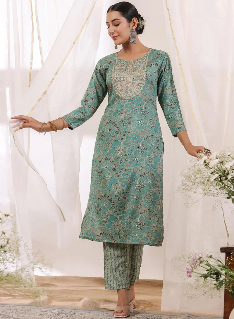 ISHIN Women's Sea Blue 100% Cotton Printed Tunic Full Length Palazzo Regular Fit Kurta Set