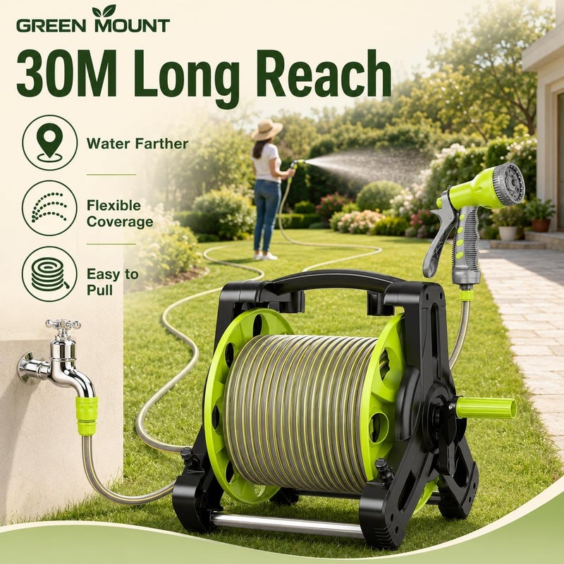 ALongDeng 30M Garden Hose Reel Set, Garden Hose Reel Kit Water Hose Holder with 8 Types Water Gun and 2M Hoses Spray Heads for Household Garden Watering Car Wash - Image 2