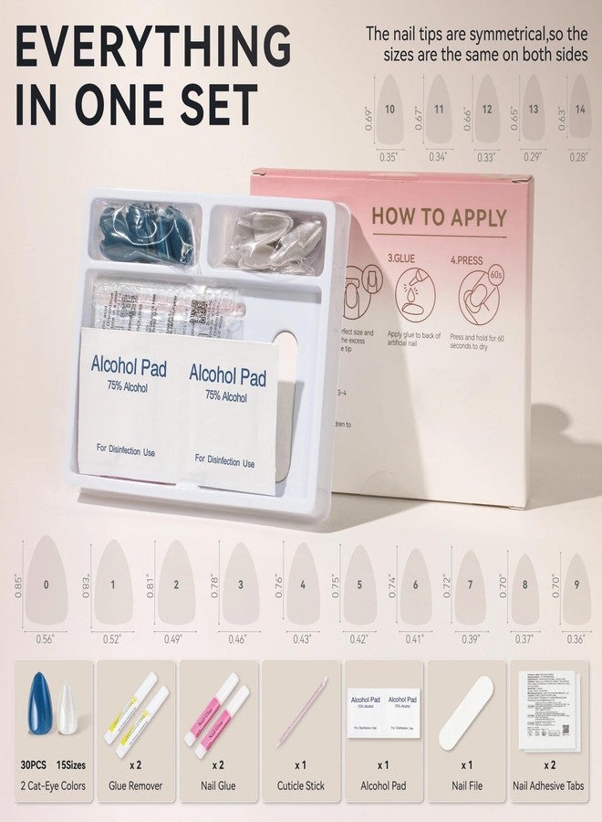 ELLEWIN60 Pcs Cat Eye Press on Nails Kit - Almond, Royal Blue & White, 15 Sizes Acrylic Glossy Full Cover False Nails with Glue, Remover, Tabs & File for Women - Image 5