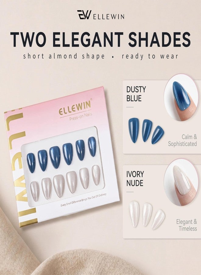 ELLEWIN60 Pcs Cat Eye Press on Nails Kit - Almond, Royal Blue & White, 15 Sizes Acrylic Glossy Full Cover False Nails with Glue, Remover, Tabs & File for Women - Image 2