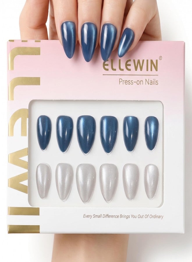 ELLEWIN60 Pcs Cat Eye Press on Nails Kit - Almond, Royal Blue & White, 15 Sizes Acrylic Glossy Full Cover False Nails with Glue, Remover, Tabs & File for Women - Image 1
