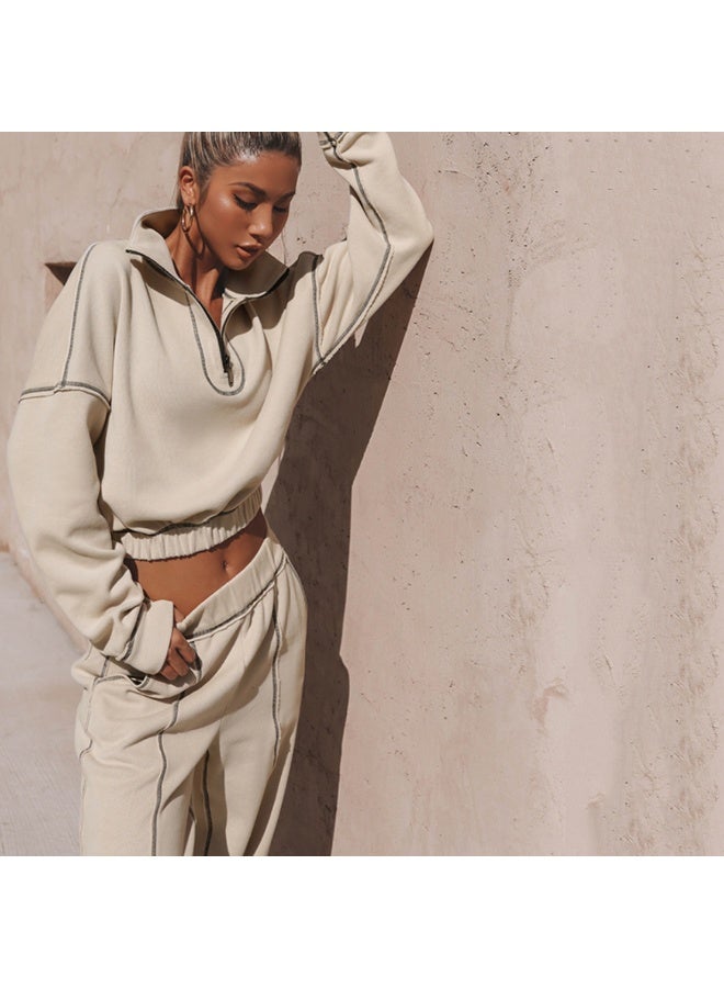 NIBEMINENT Fashion Sports Suit Women Half Zipper Stand Collar Crop Top Casual Sweatpants Autumn Winter  Elegant Two Piece Set - Image 4