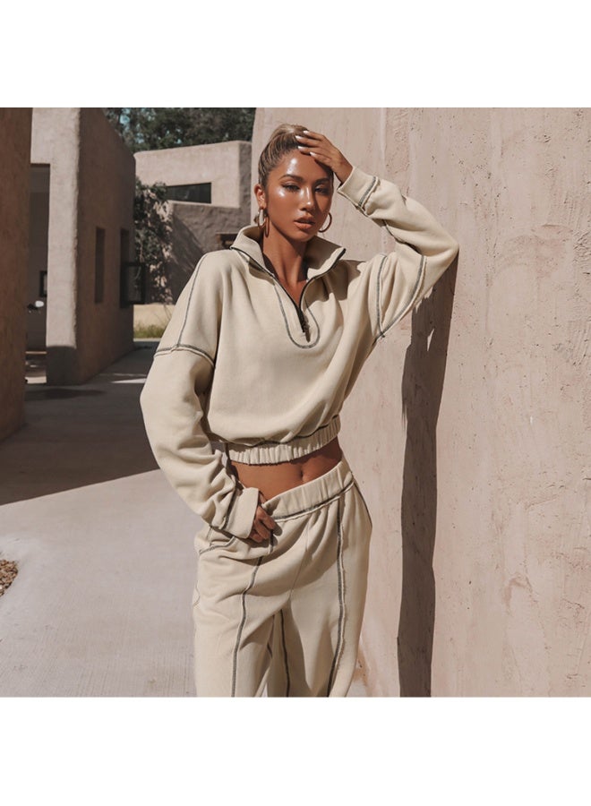 NIBEMINENT Fashion Sports Suit Women Half Zipper Stand Collar Crop Top Casual Sweatpants Autumn Winter  Elegant Two Piece Set - Image 3