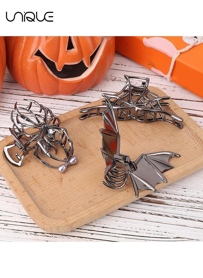 يونيك 3 قطع مقاطع مخلب الشعر القوطي للفتيات ، نسيج العنكبوت نمط الشرير معدن مخلب كليب ، الخفافيش على شكل جناح ، مشابك شعر معدنية على شكل عنكبوت - أزياء مشبك شعر معدني ثقيل - Image 4