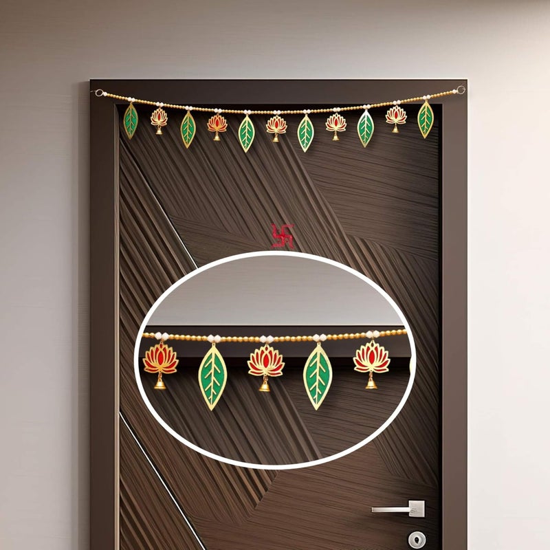 CREYENTES Handmade Pink Lotus Mango Leaf Toran with Side Hangings, Bandanwar, Door Hanging for Main Entrance, MDF, Temple, Wedding, All Festival Decoration Stylish (Lotus_Pan_Toran), 36 cm - Image 1