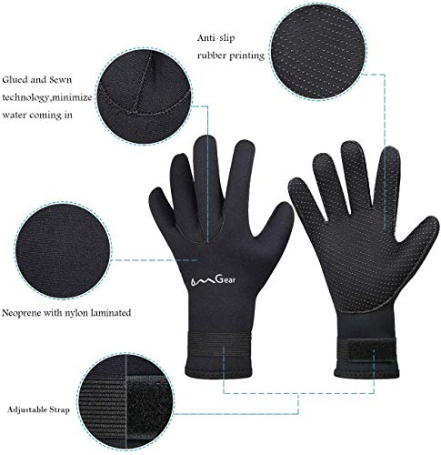 OMGear Neoprene Gloves Diving Wetsuit Gloves 3mm Glued Anti-Slip Flexible Thermal with Adjustable Waist Strap for Snorkeling Scuba Diving Surfing Kayaking Rafting Spearfishing Sailing (5mm Black, S) - Image 3