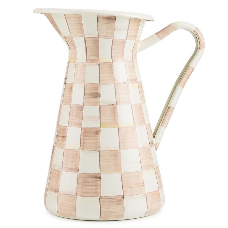 mackenzie childs MACKENZIE-CHILDS Practical Enamel Pitcher with Spout, Drink Pitcher for Iced Tea or Water, Flower Vase, Large, Brown-and-White Mocha Check - Image 1