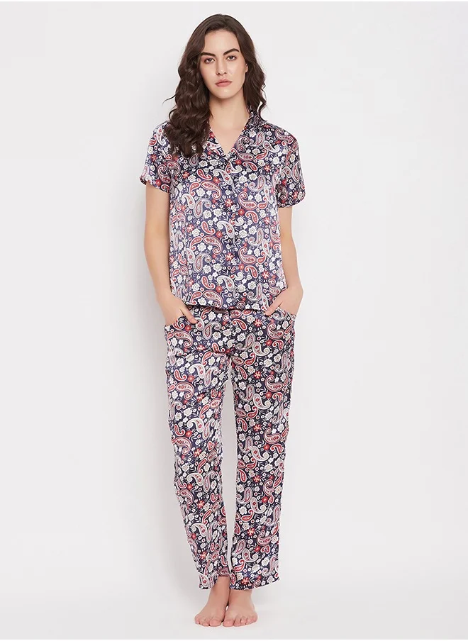 كلوفيا Clovia Paisley Print Button Down Shirt & Pyjama Set in Navy - Satin