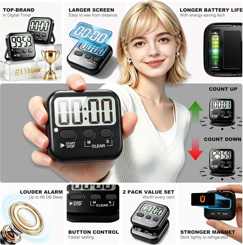 Antonki 2 Pack Digital Timer for Kids, Magnetic Countdown Kitchen Timers for Cooking, Egg, Classroom, Teacher, Exercise, Study, Oven - Battery Included - Image 4