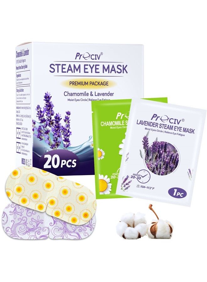 ProCIV 20 Packs Eye Masks for Dark Circles and Puffiness Disposable Soothing Headache Relief Dry Eyes, Stress Relief Relief Eye Fatigue Steam Eye Masks 10 Lavender + 10 Chamomile - Image 1