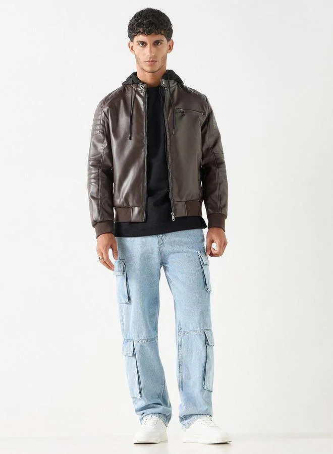 لي كوبر جاكيت بايكر جلد سادة بسحاب وقبعة وجيوب من لي كوبر