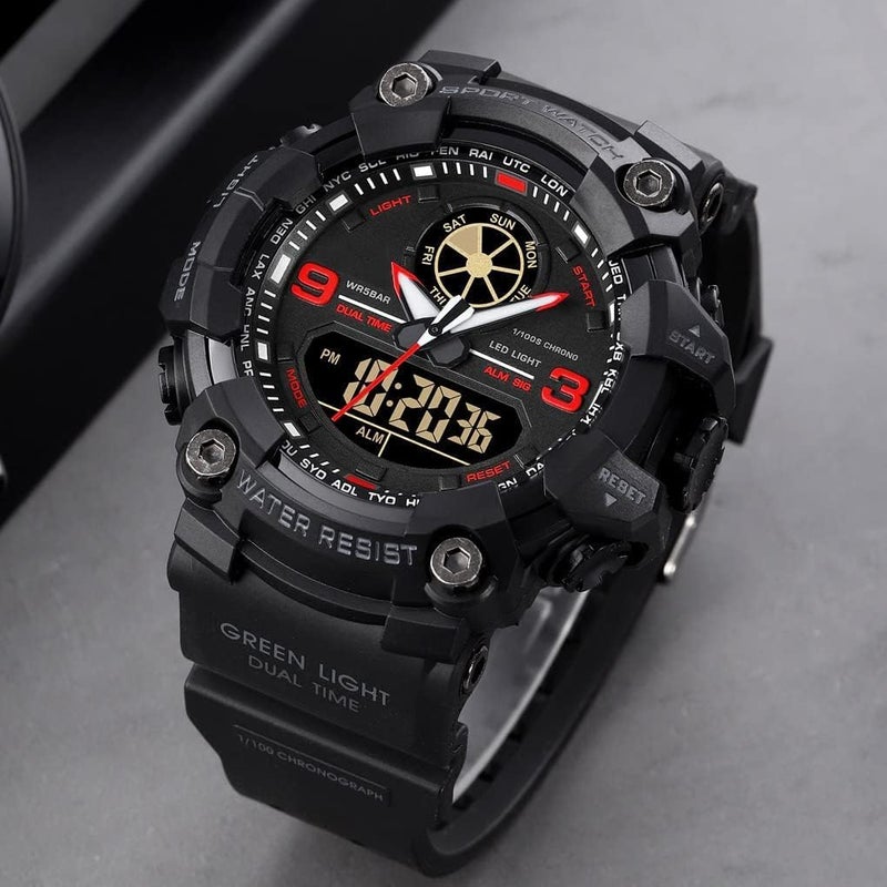 كاست ويف ساعة رياضية للرجال، ساعة عسكرية رقمية تناظرية، كبيرة مزدوجة التوقيت 12/24 ساعة، مقاومة للماء في الهواء الطلق، ساعات كرونوغراف للرجال مع إضاءة خلفية LED/منبه - Image 3