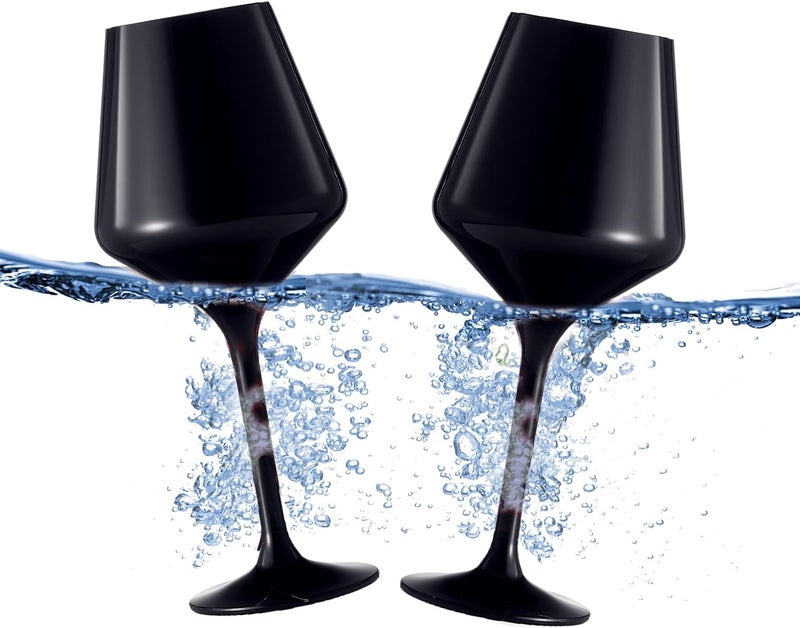 Khen Floating Wine Glasses for Pool (18 Oz | Set of 2) - Wine Glass Set That Float | Shatterproof Poolside Wine | Beach Glass | Outdoor Tritan Plastic Glassware with Stem for Patio, Picnic - Matte Black - Image 1