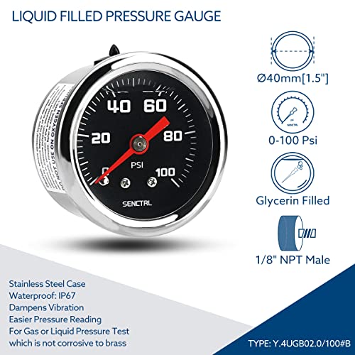 SENCTRL 0-100 Psi Fuel Pressure Gauge, 1-1/2" Black Dial, 1/8" NPT Back Mount, Glycerin Liquid Filled, Stainless Steel Case, Inline Low Pressure Gauge, for Water Oil Pressure Test - Image 2
