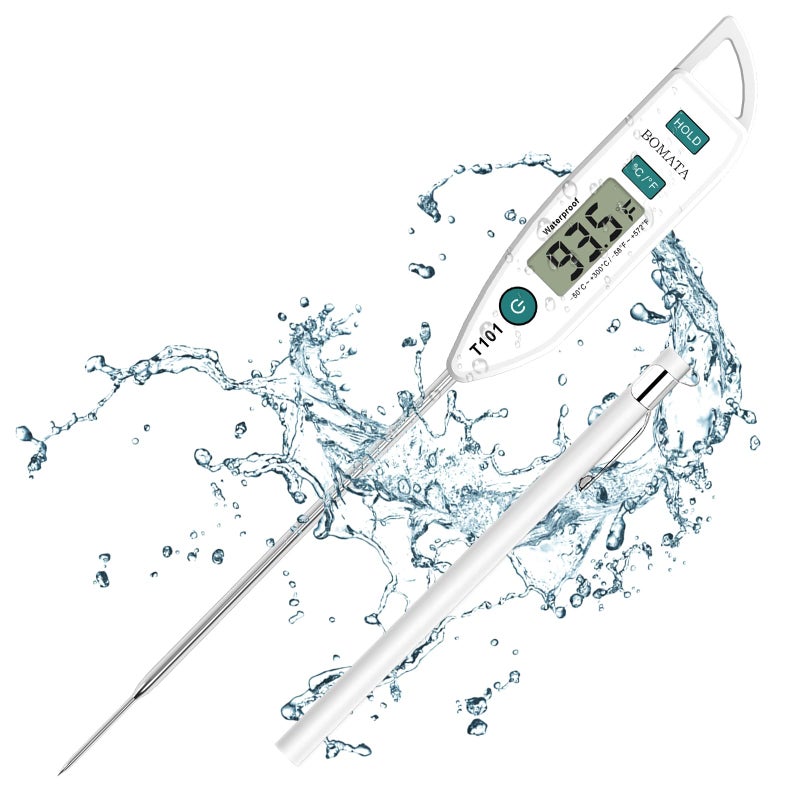 BOMATA Waterproof IPX7 Thermometer for Water Liquid Candle and Cooking Instant Read Food Thermometer with Long Probe for Cooking Meat BBQ T101 White
