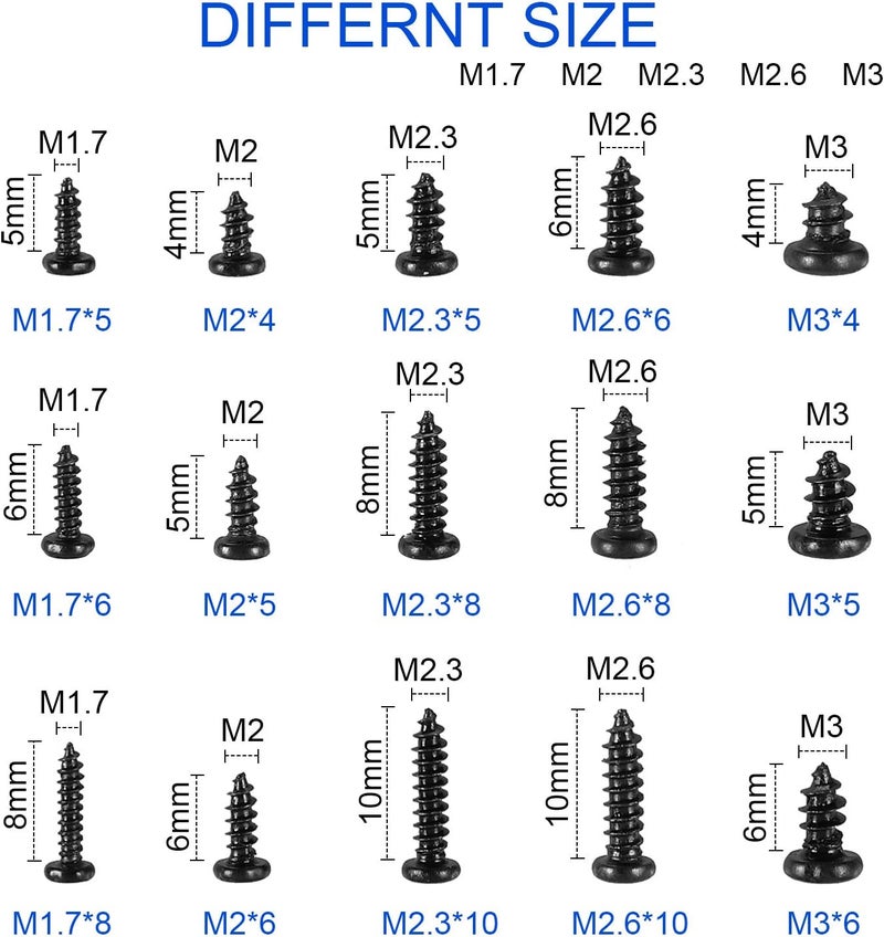 HanTof M1.7، M2، M2.3، M2.6، M3، PA، Phillips، صواميل صغيرة للإصلاح، مناسبة للكمبيوتر وألواح الحواسيب والأخشاب، من الفولاذ الكربوني (أسود)، عدد 750 قطعة - Image 5