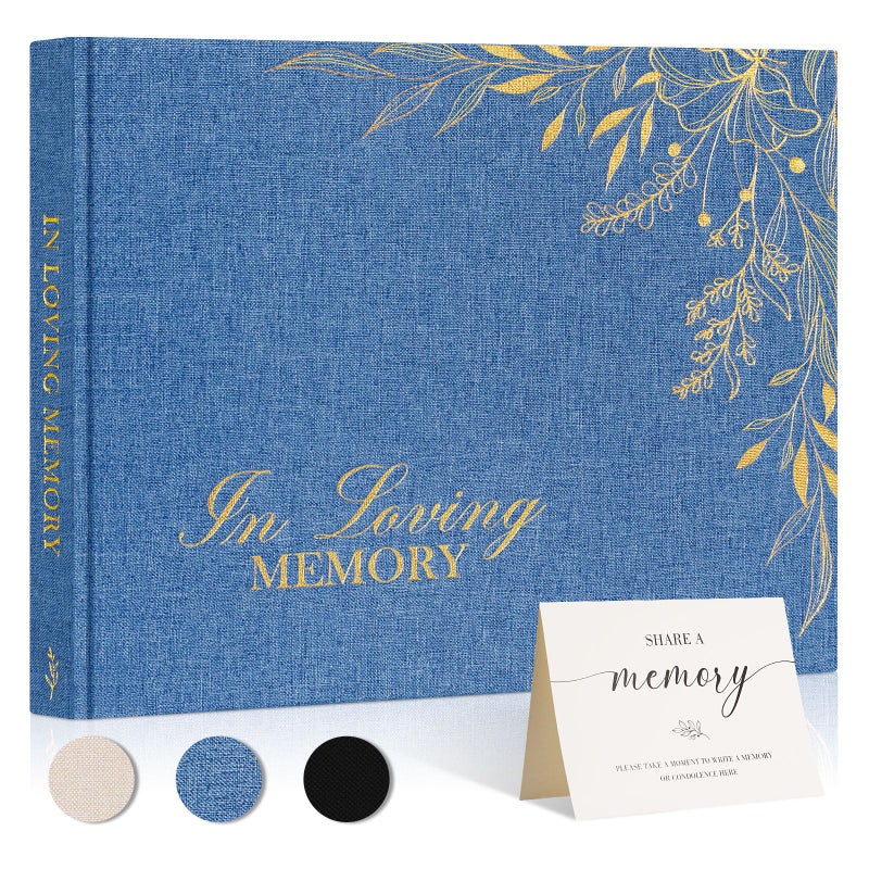 Lanpn Funeral Guest Book for Memorial Service, Linen in Loving Memory Registry Guest Book, Funeral Favors Sign in Books for Guests Celebration of Life Memory Book for Funeral with Table Sign, Blue - Image 1