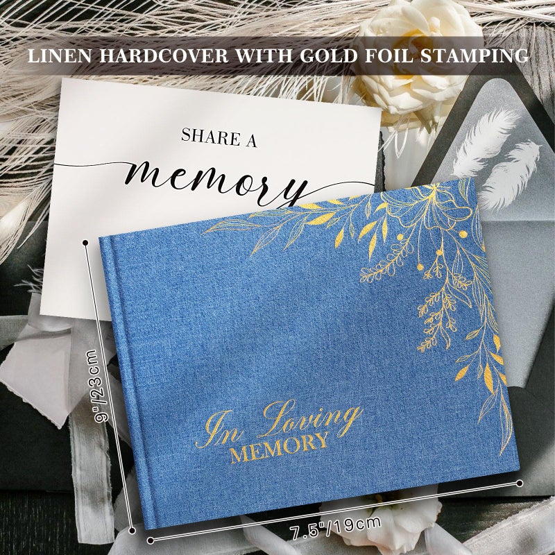 Lanpn Funeral Guest Book for Memorial Service, Linen in Loving Memory Registry Guest Book, Funeral Favors Sign in Books for Guests Celebration of Life Memory Book for Funeral with Table Sign, Blue - Image 2